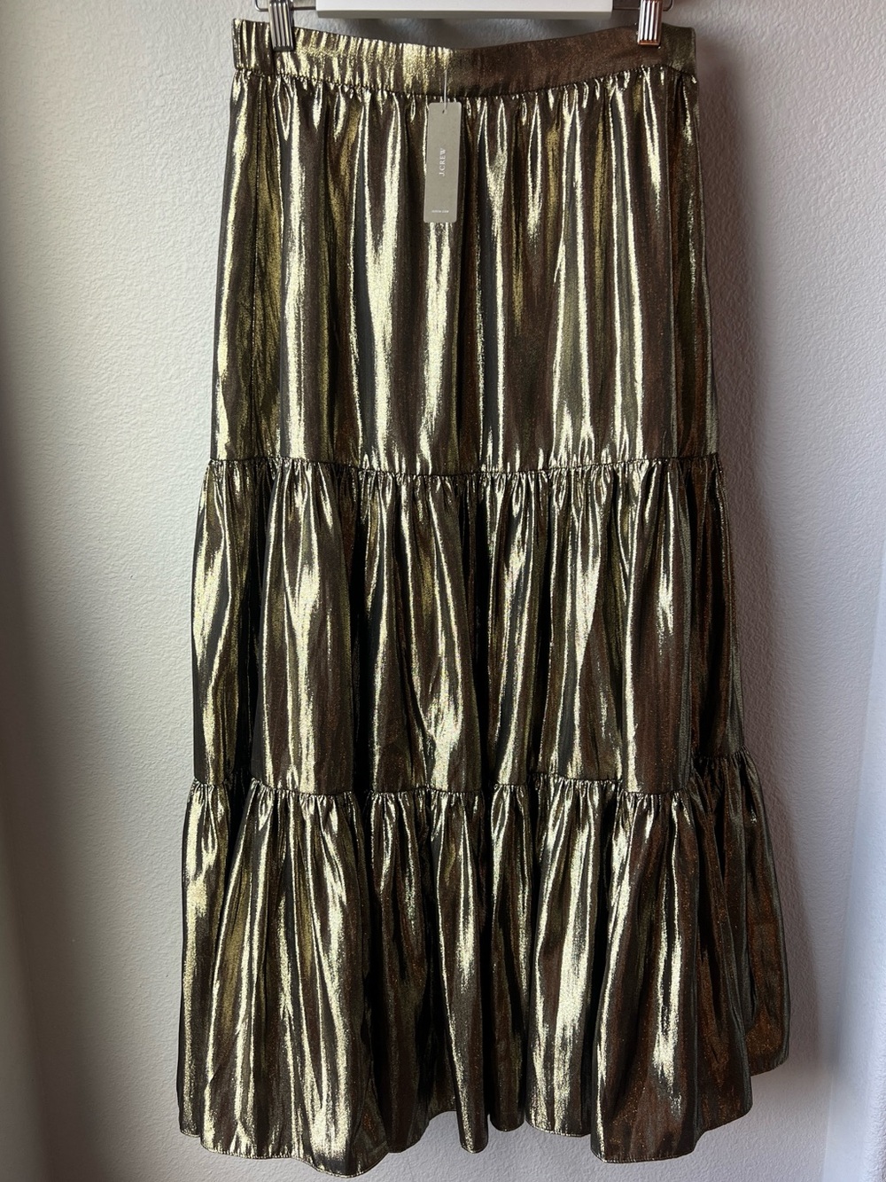 NWT J.Crew Metallic Gold Lamé Tiered Maxi Skirt Holiday Party #AT623